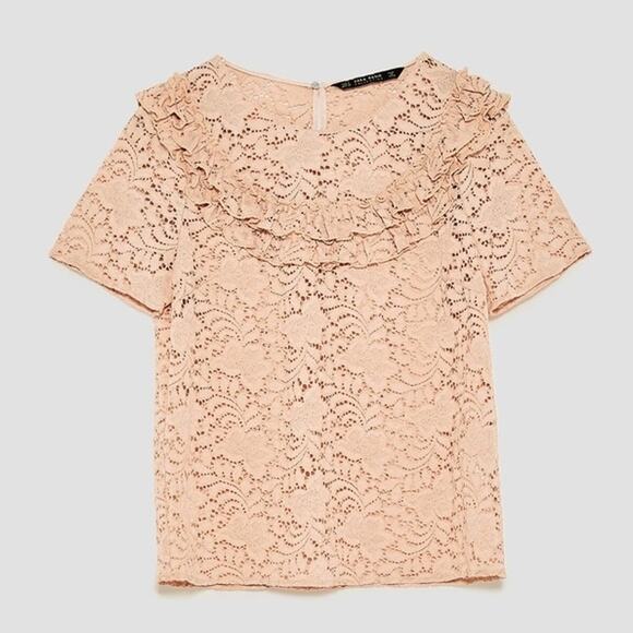 Zara Ruffled Guipure Lace Top Blush Beige Size Small NEW - Picture 11 of 11